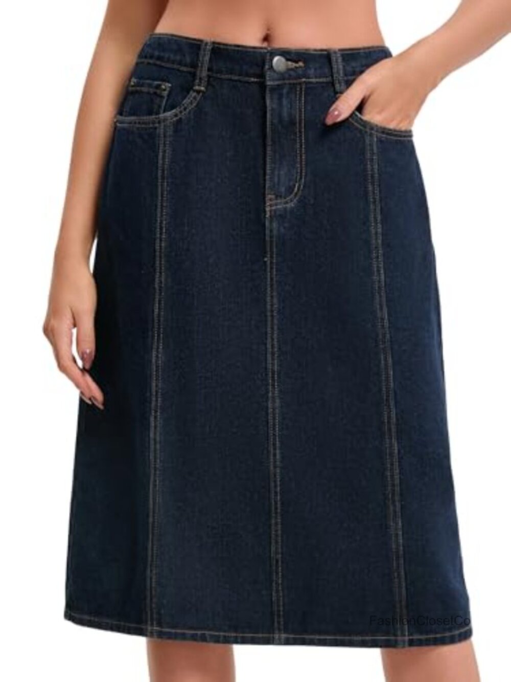 Women's Denim A-Line Jean Skirt Elastic Back Waist Pockets Below Knee